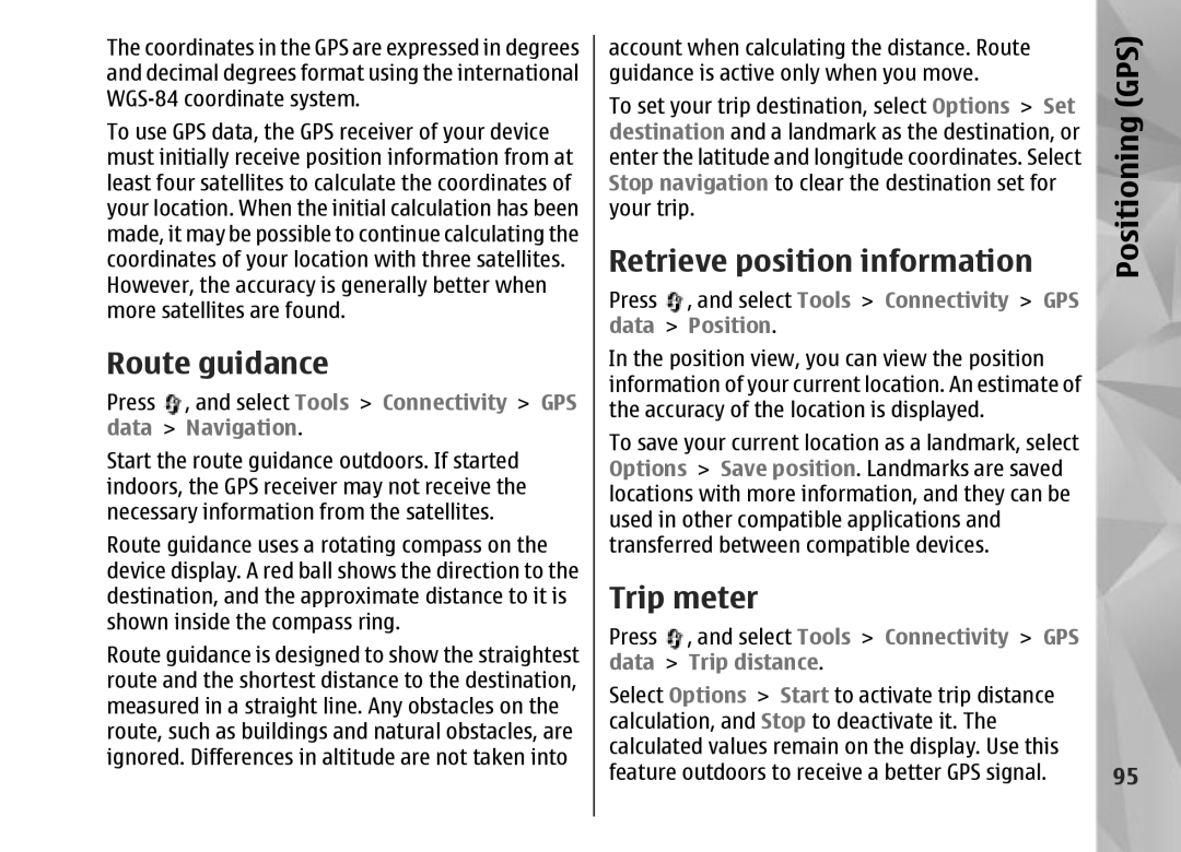 Nokia N95 manual Route guidance, Retrieve position information, Trip meter 