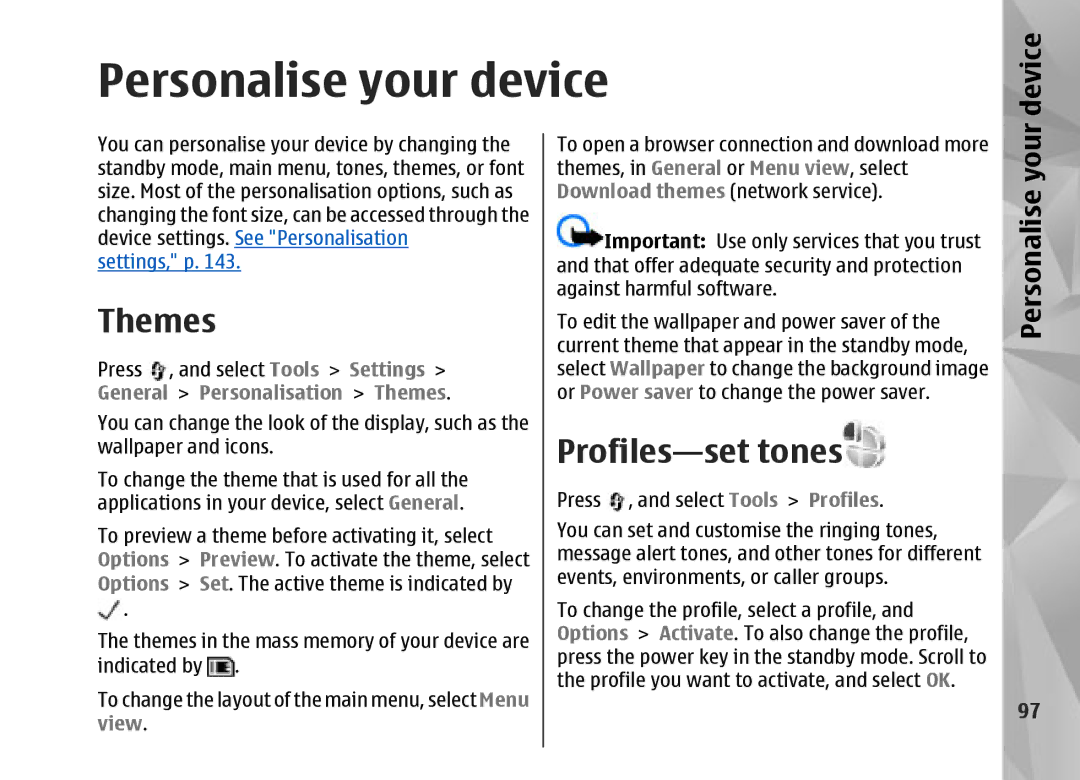 Nokia N95 manual Personalise your device, Profiles-set tones, Personalisation Themes 