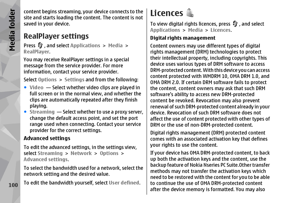 Nokia N96 manual Licences, RealPlayer settings, 100, Advanced settings 