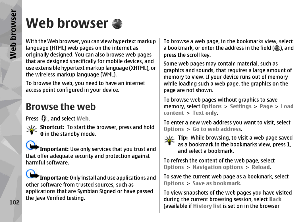 Nokia N96 manual Web browser, Browse the web, 102 