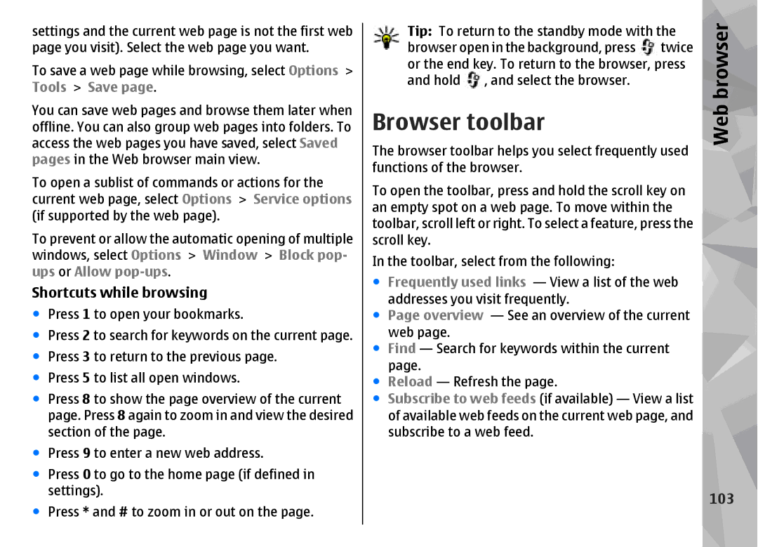 Nokia N96 manual Browser toolbar, Shortcuts while browsing, 103 