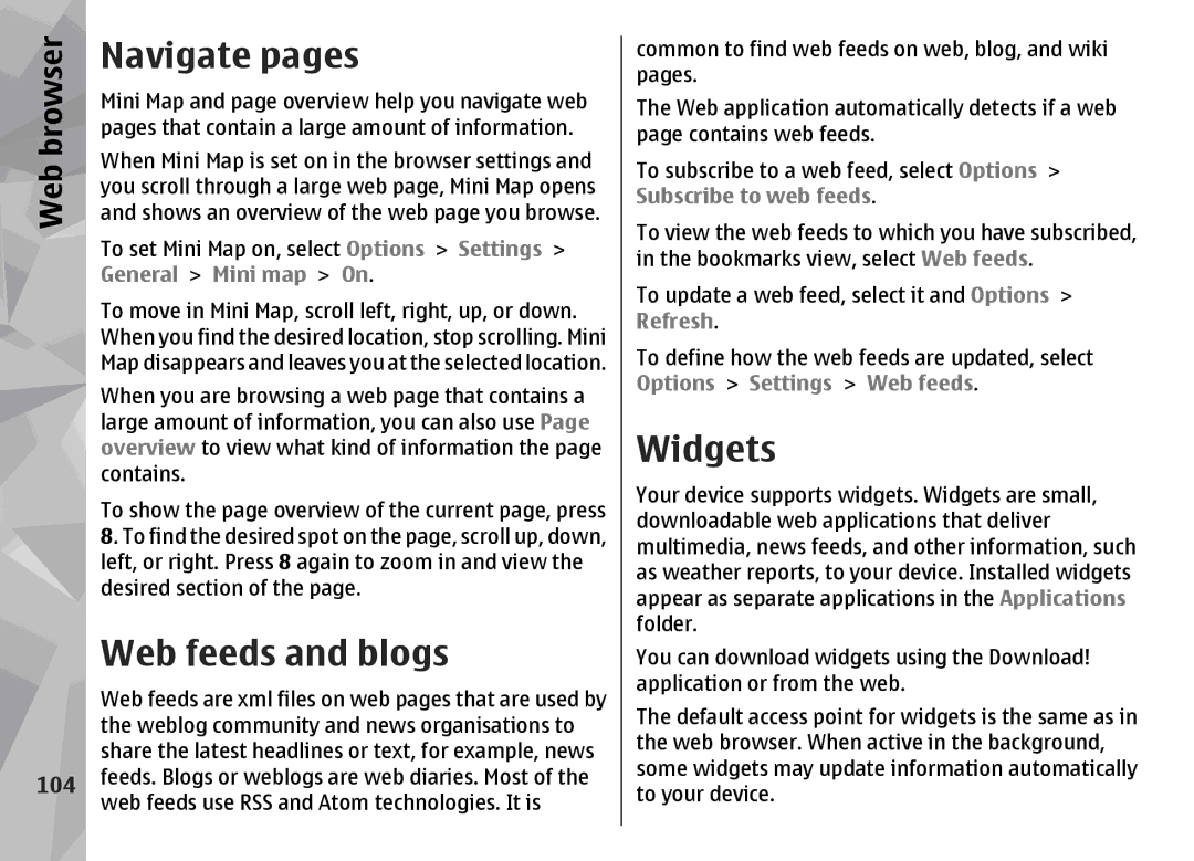 Nokia N96 manual Navigate pages, Web feeds and blogs, Widgets, 104 