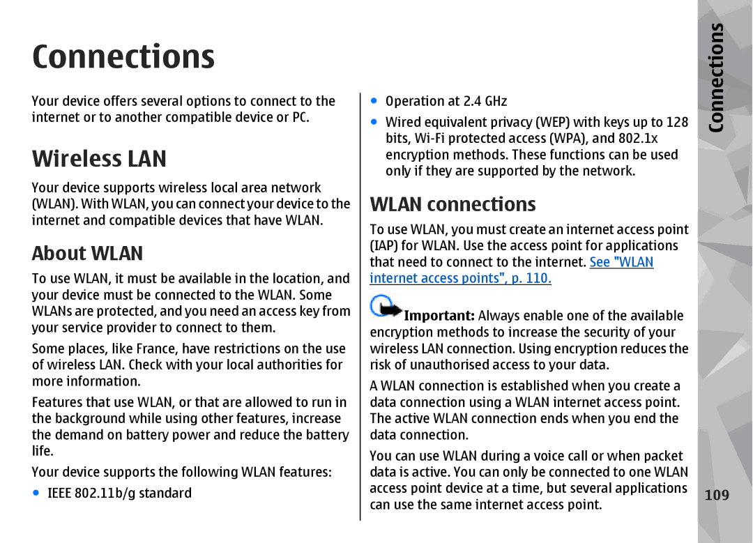 Nokia N96 manual Connections, Wireless LAN, About Wlan, Wlan connections 