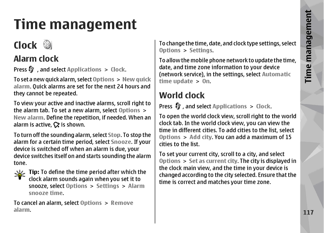 Nokia N96 manual Time management, Clock, Alarm clock, World clock 