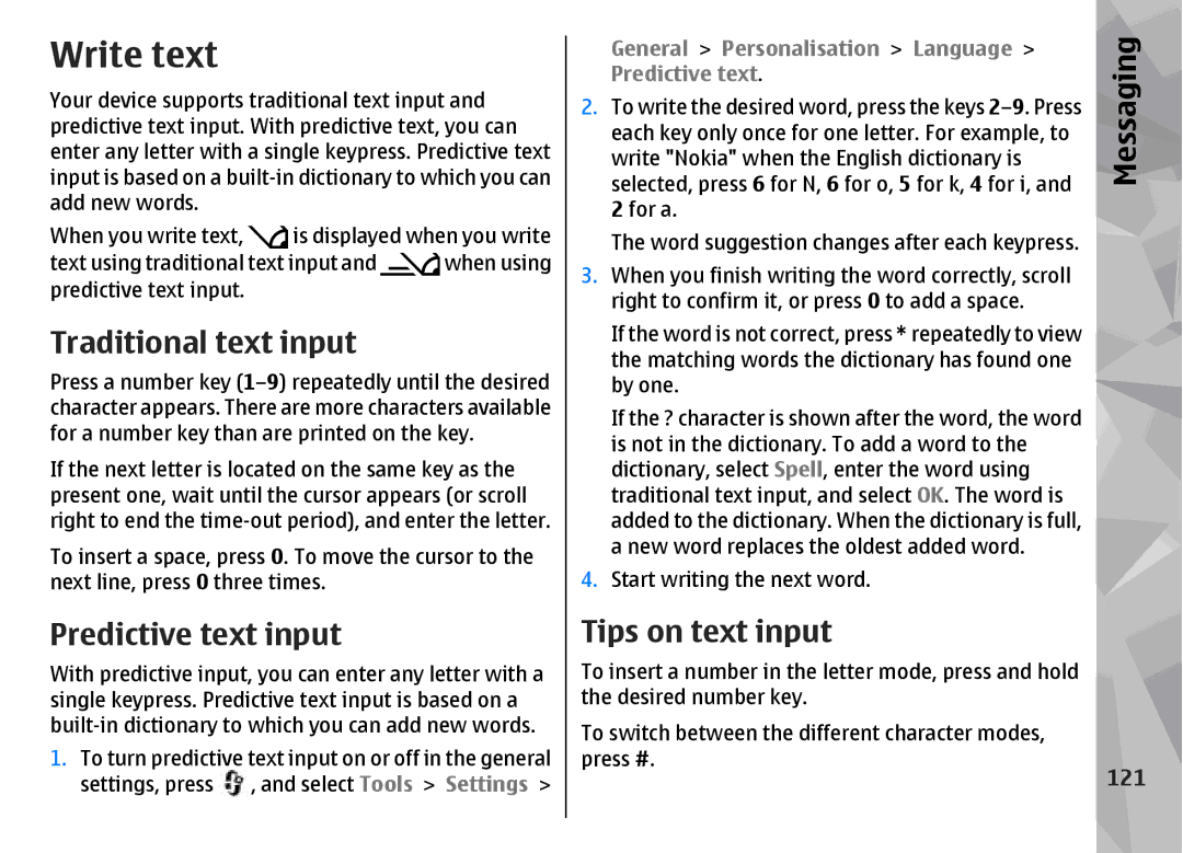 Nokia N96 manual Write text, Traditional text input, Predictive text input, Tips on text input, Messaging 