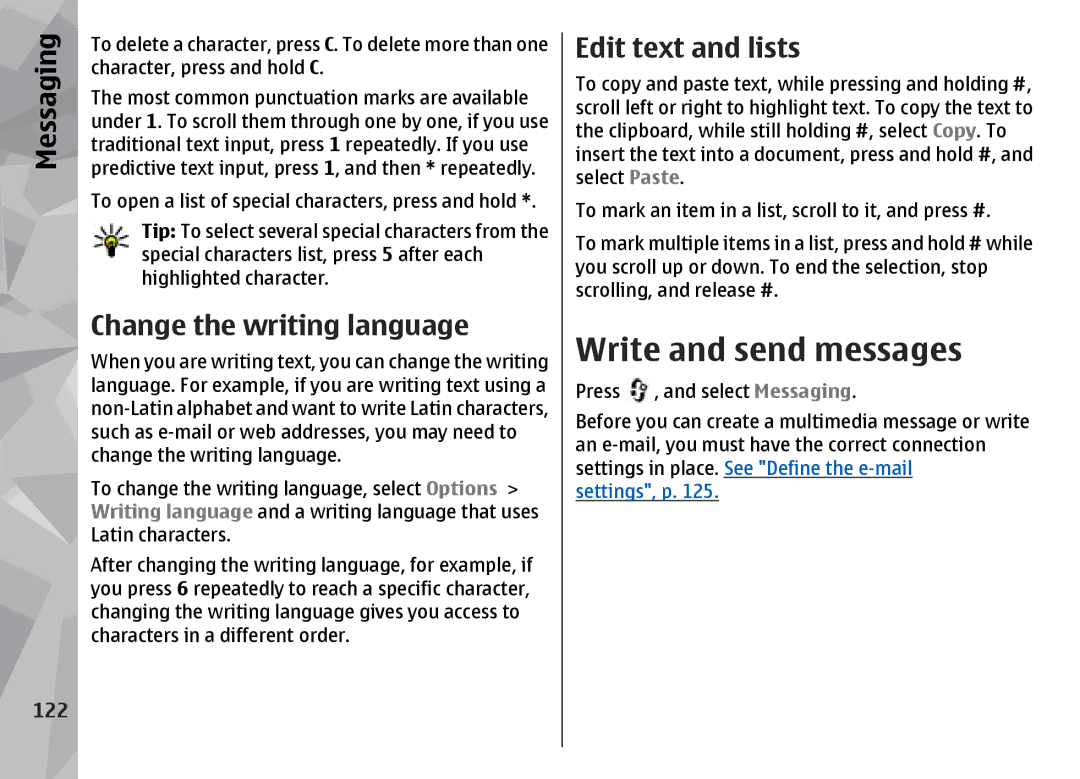 Nokia N96 manual Write and send messages, Change the writing language, Edit text and lists, 122 