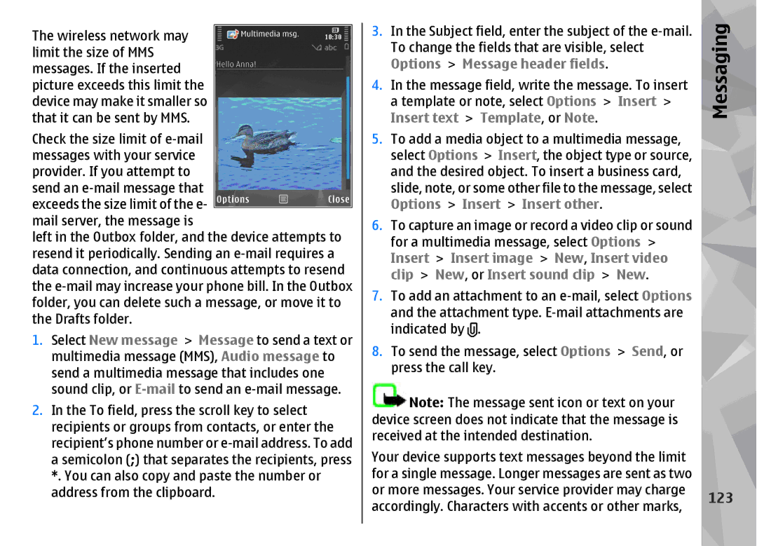 Nokia N96 manual 123, Insert text Template, or Note 