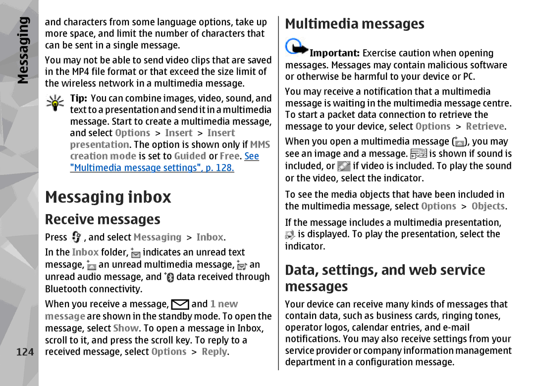 Nokia N96 manual Messaging inbox, Receive messages, Multimedia messages, Data, settings, and web service messages 