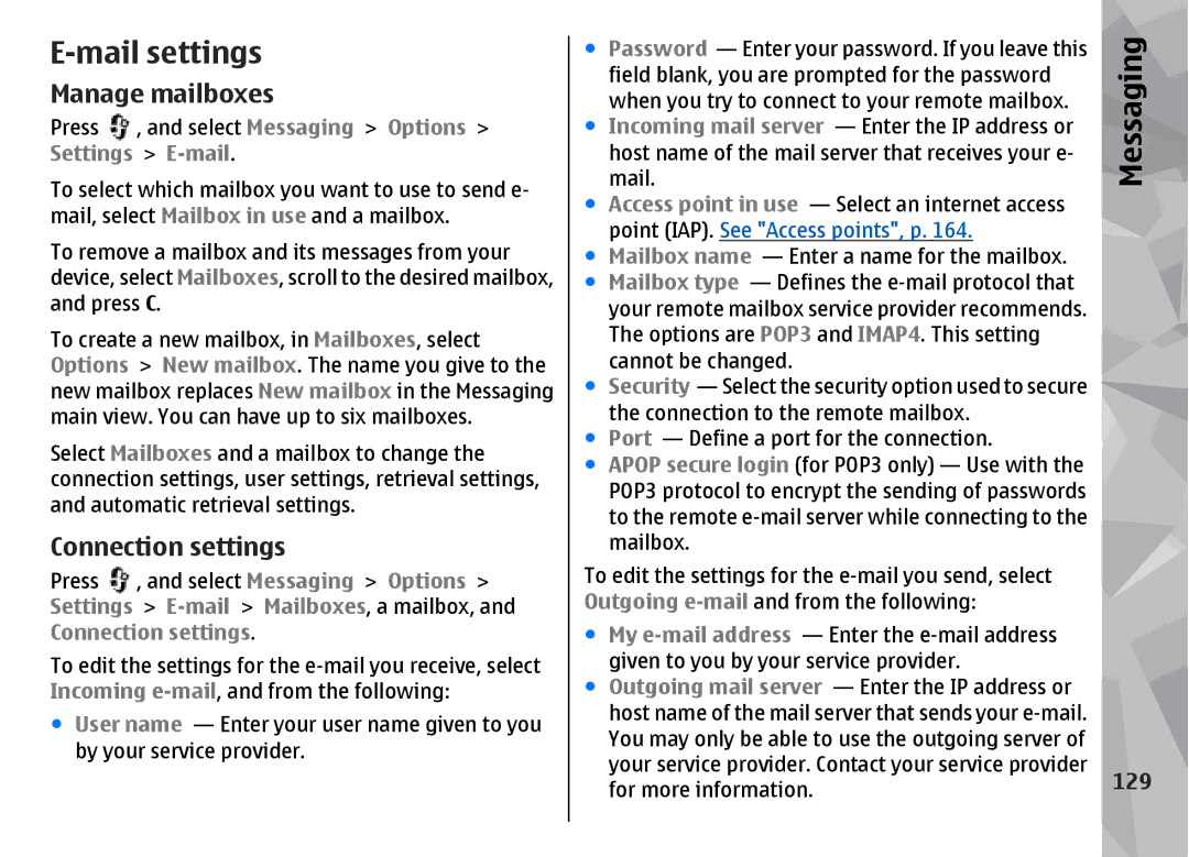 Nokia N96 manual Mail settings, Manage mailboxes, Connection settings, 129, Settings Mail 