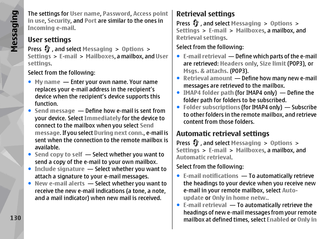 Nokia N96 manual User settings, Retrieval settings, Automatic retrieval settings, 130 