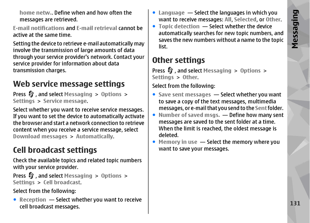 Nokia N96 manual Web service message settings, Cell broadcast settings, Other settings, 131 