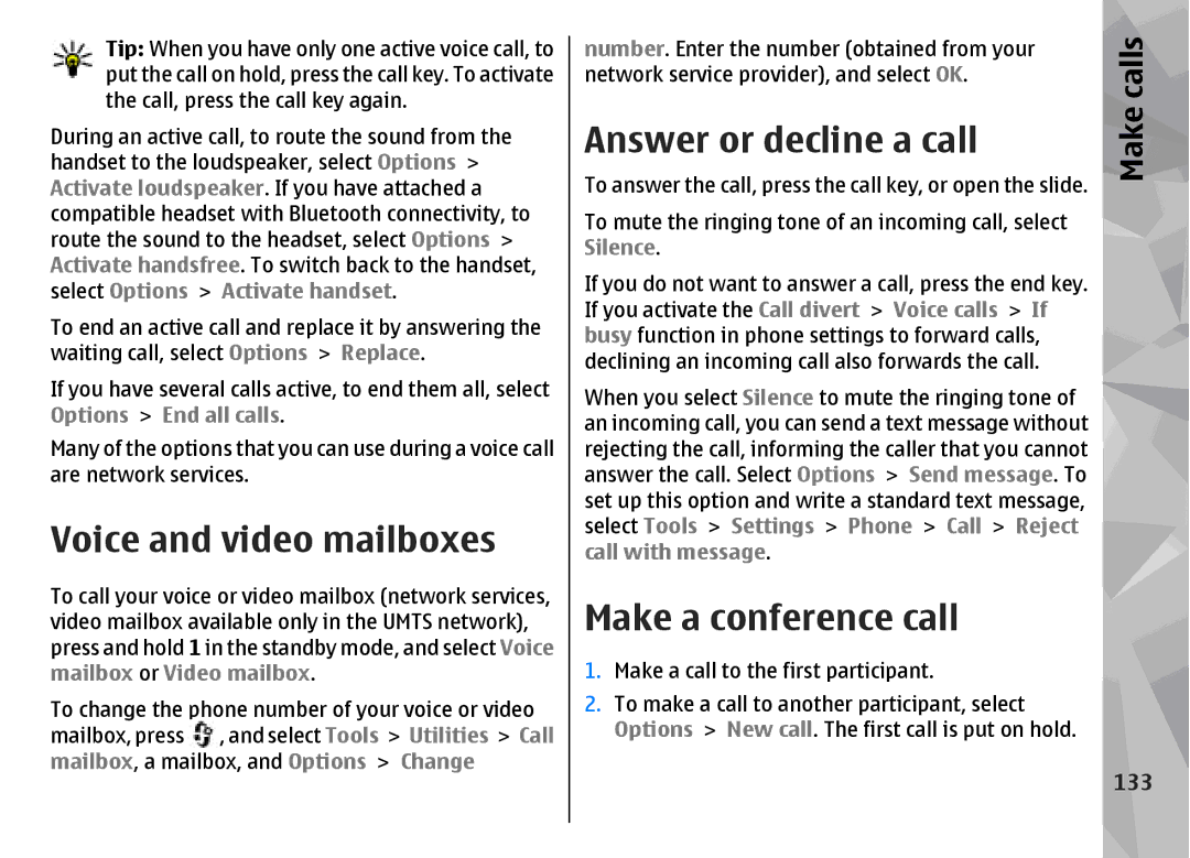 Nokia N96 manual Voice and video mailboxes, Answer or decline a call, Make a conference call, 133 