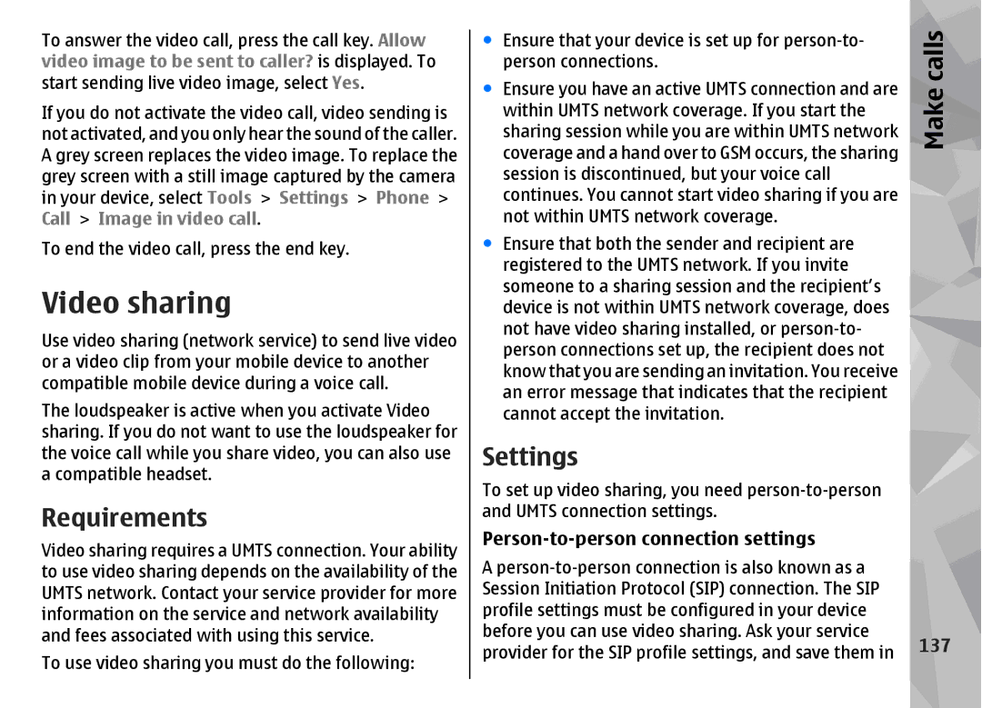 Nokia N96 manual Video sharing, Requirements, Person-to-person connection settings, 137 