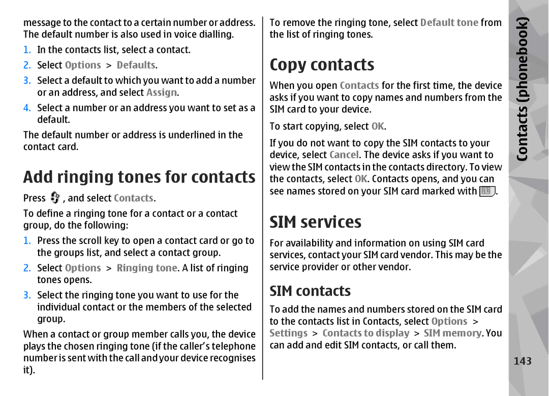 Nokia N96 manual Add ringing tones for contacts, Copy contacts, SIM services, SIM contacts, 143 