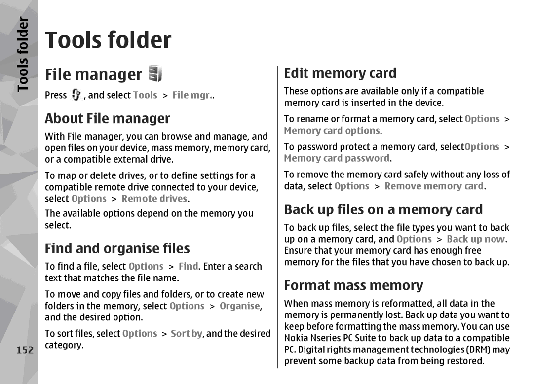 Nokia N96 manual Tools folder, File manager 