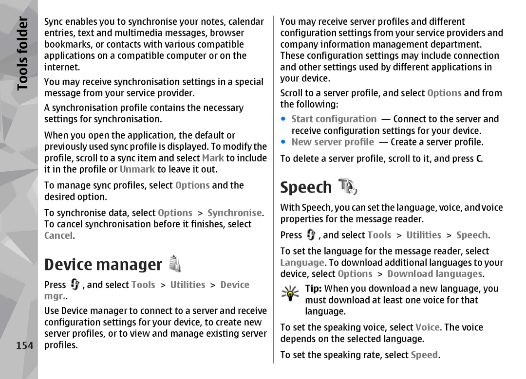 Nokia N96 manual Device manager, Speech, Tools folder, 154 