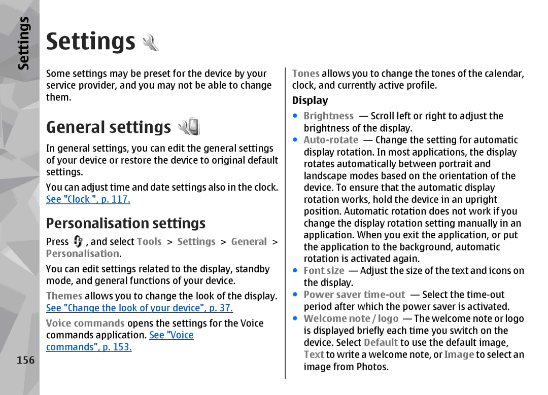 Nokia N96 manual Settings, General settings, Personalisation settings, 156 