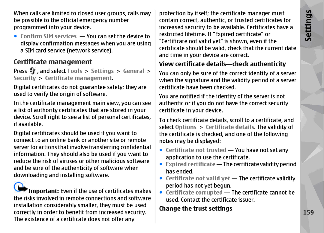Nokia N96 manual Certificate management, View certificate details-check authenticity, Change the trust settings, 159 