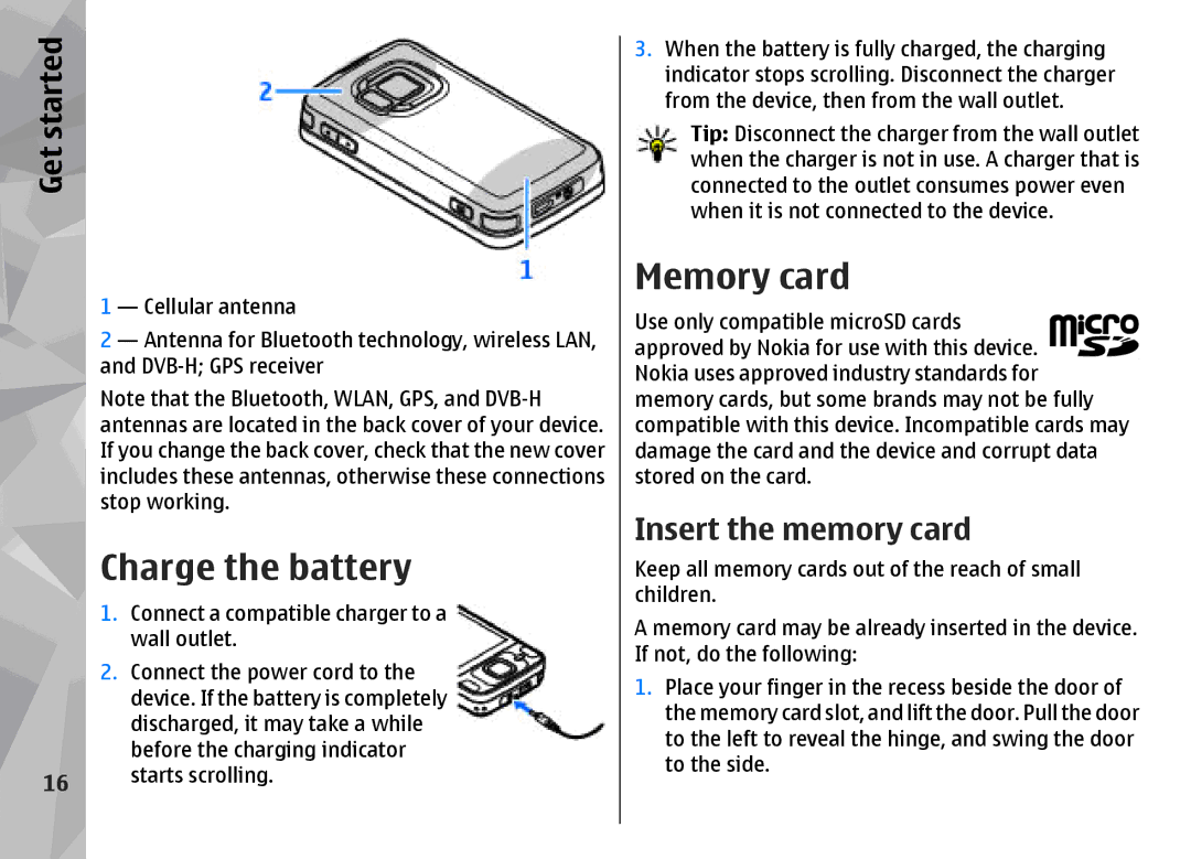 Nokia N96 manual Charge the battery, Memory card, Insert the memory card 