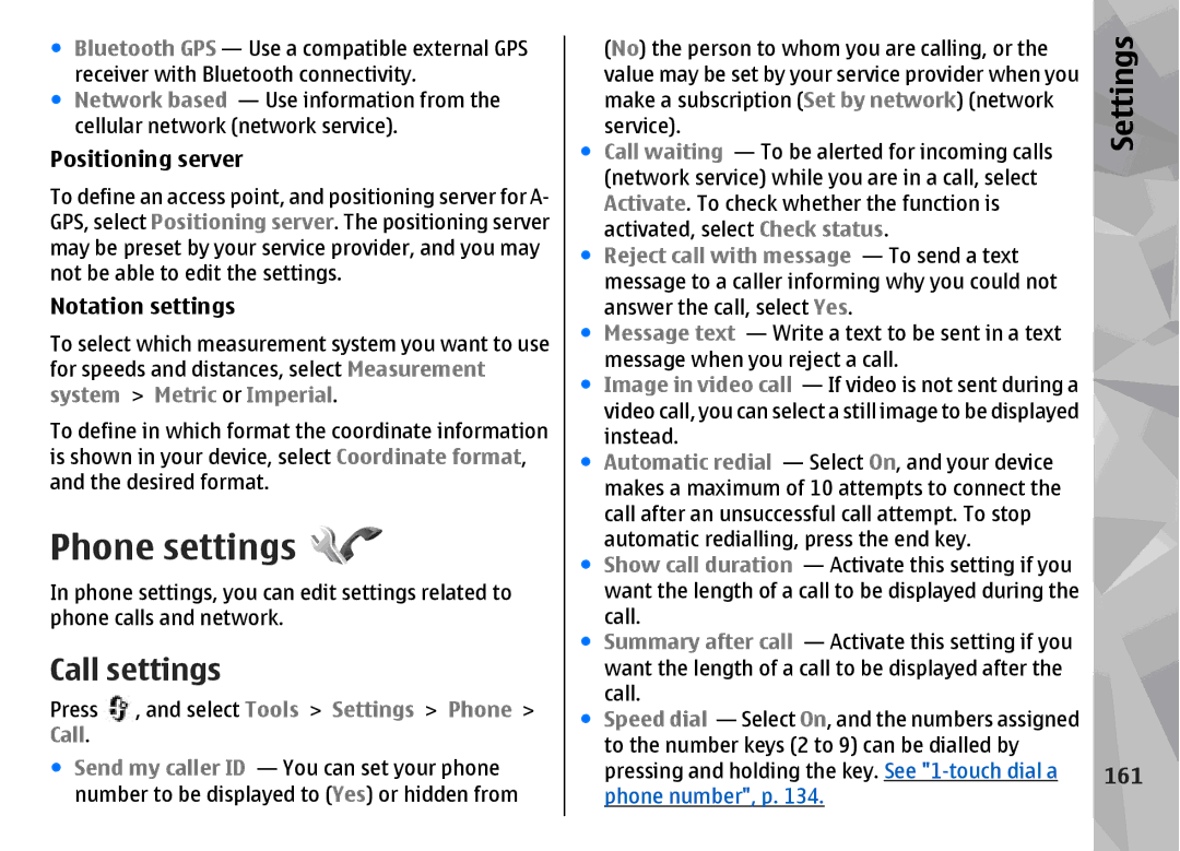 Nokia N96 manual Phone settings, Call settings, Positioning server, Notation settings, 161 