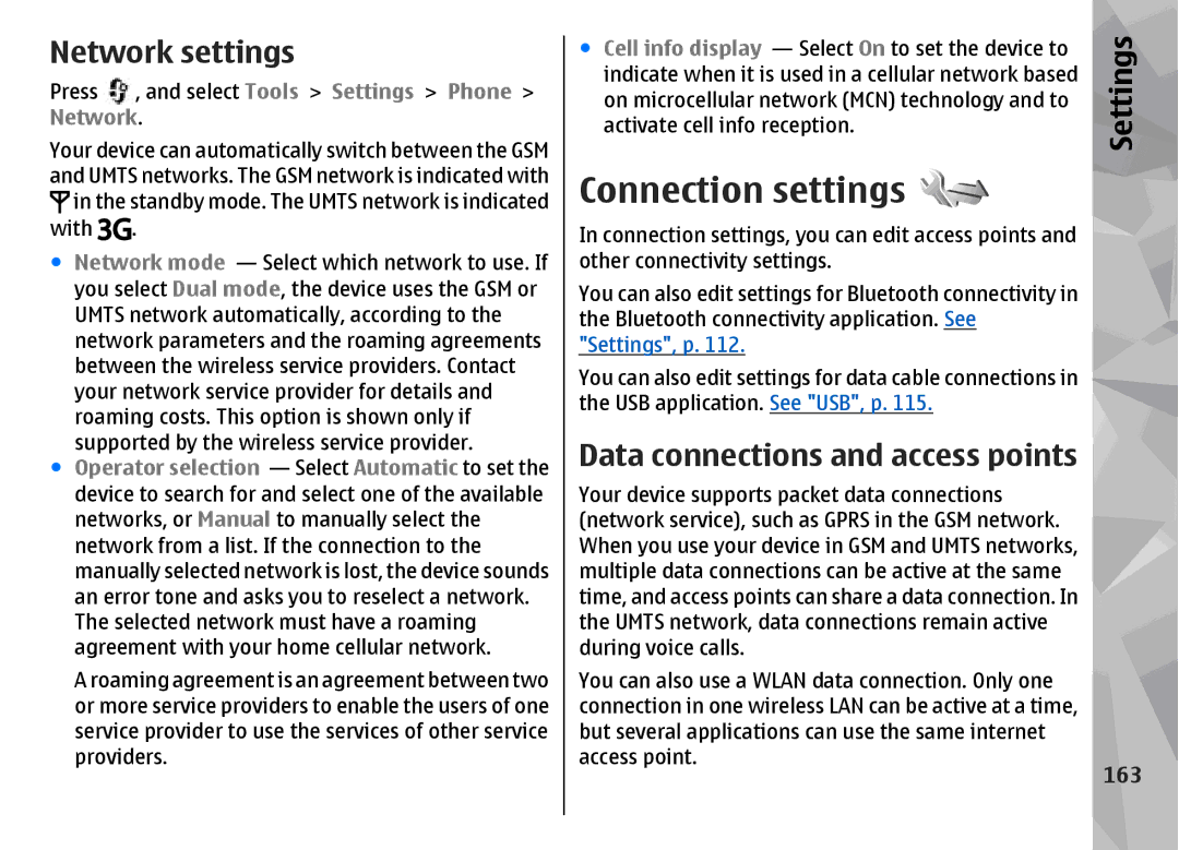 Nokia N96 manual Connection settings, Network settings, 163 