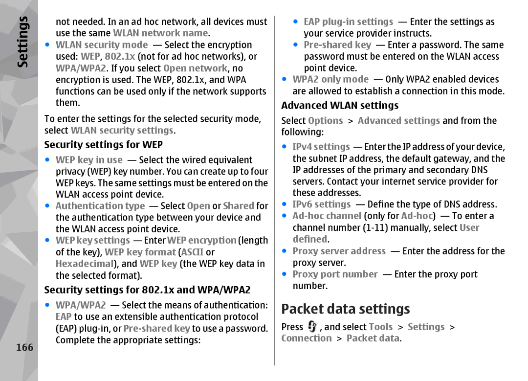 Nokia N96 manual Packet data settings, 166, Security settings for WEP, Security settings for 802.1x and WPA/WPA2 