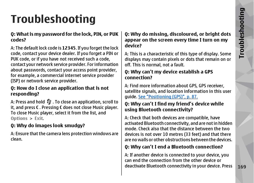 Nokia N96 manual Troubleshooting, 169 