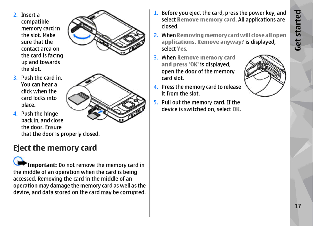 Nokia N96 manual Eject the memory card 