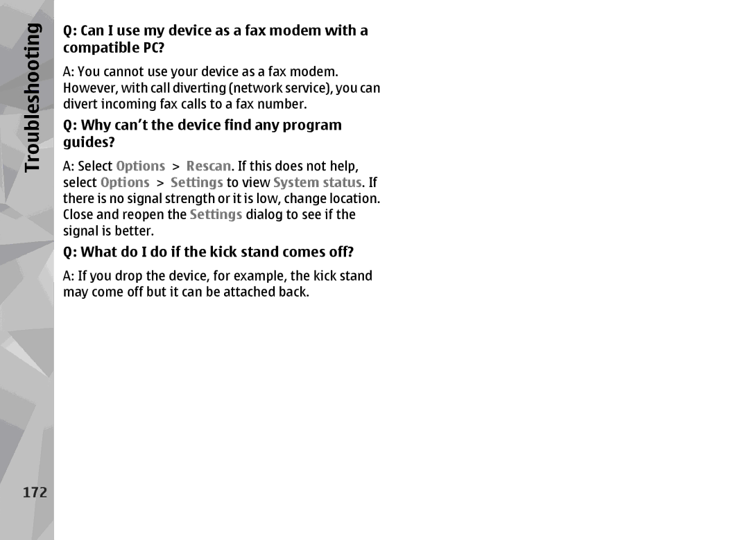 Nokia N96 Can I use my device as a fax modem with a compatible PC?, Why can’t the device find any program guides?, 172 
