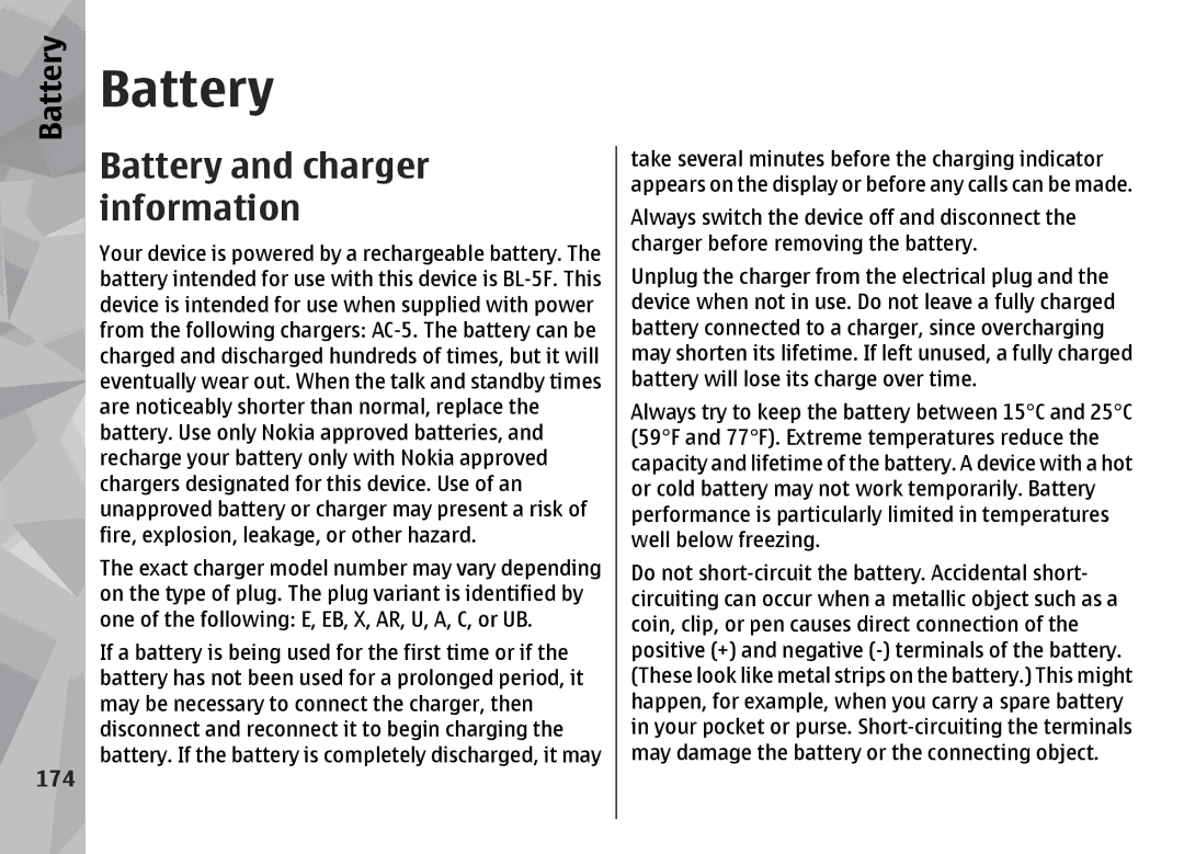 Nokia N96 manual Battery, 174 