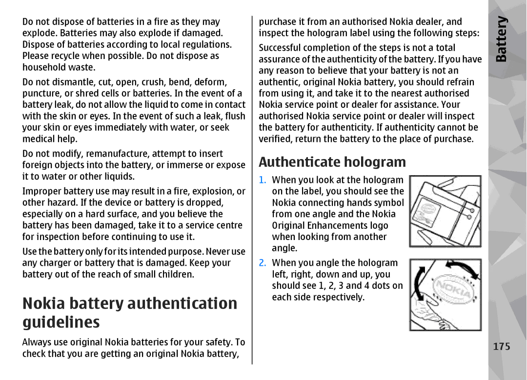 Nokia N96 manual Nokia battery authentication guidelines, Authenticate hologram, 175 