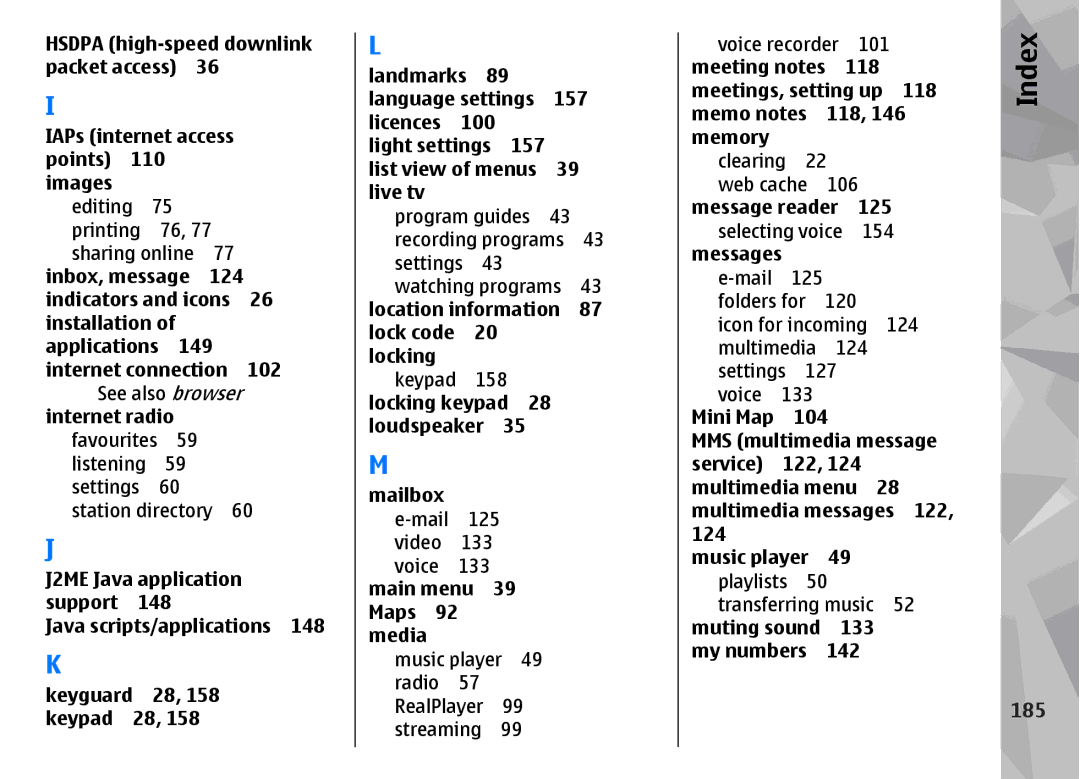 Nokia N96 manual 185, Message reader 125 