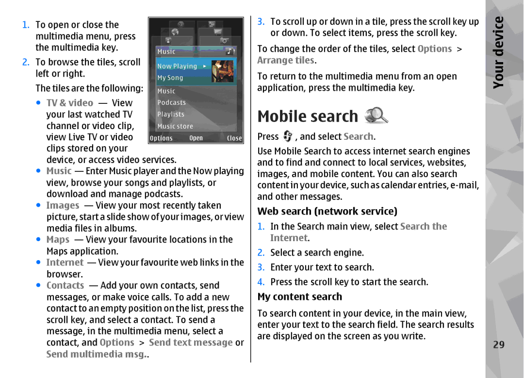 Nokia N96 manual Mobile search, Your, Web search network service, My content search, Arrange tiles 