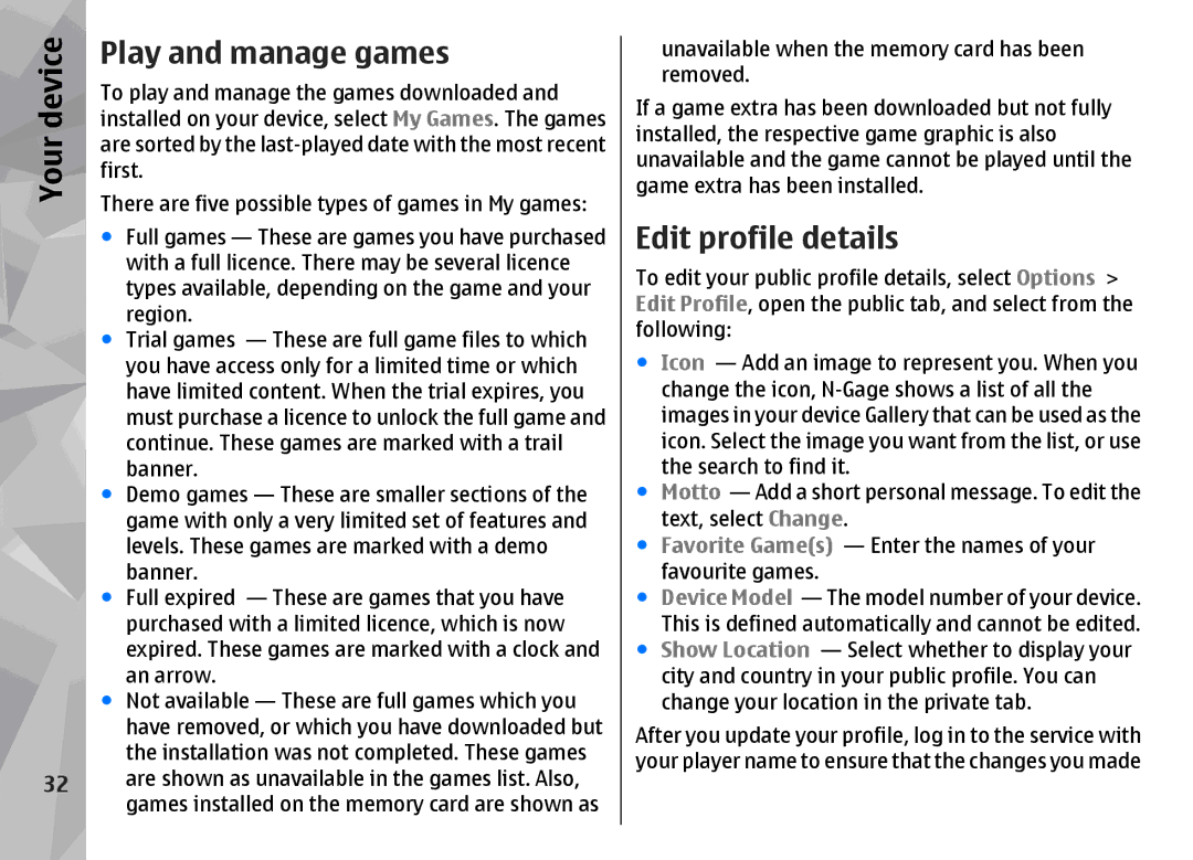 Nokia N96 manual Play and manage games, Edit profile details 