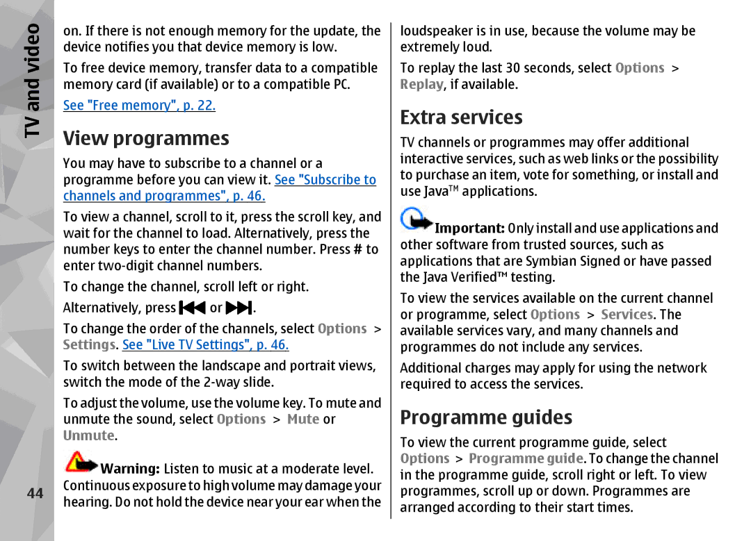 Nokia N96 manual Video, View programmes, Extra services, Programme guides 