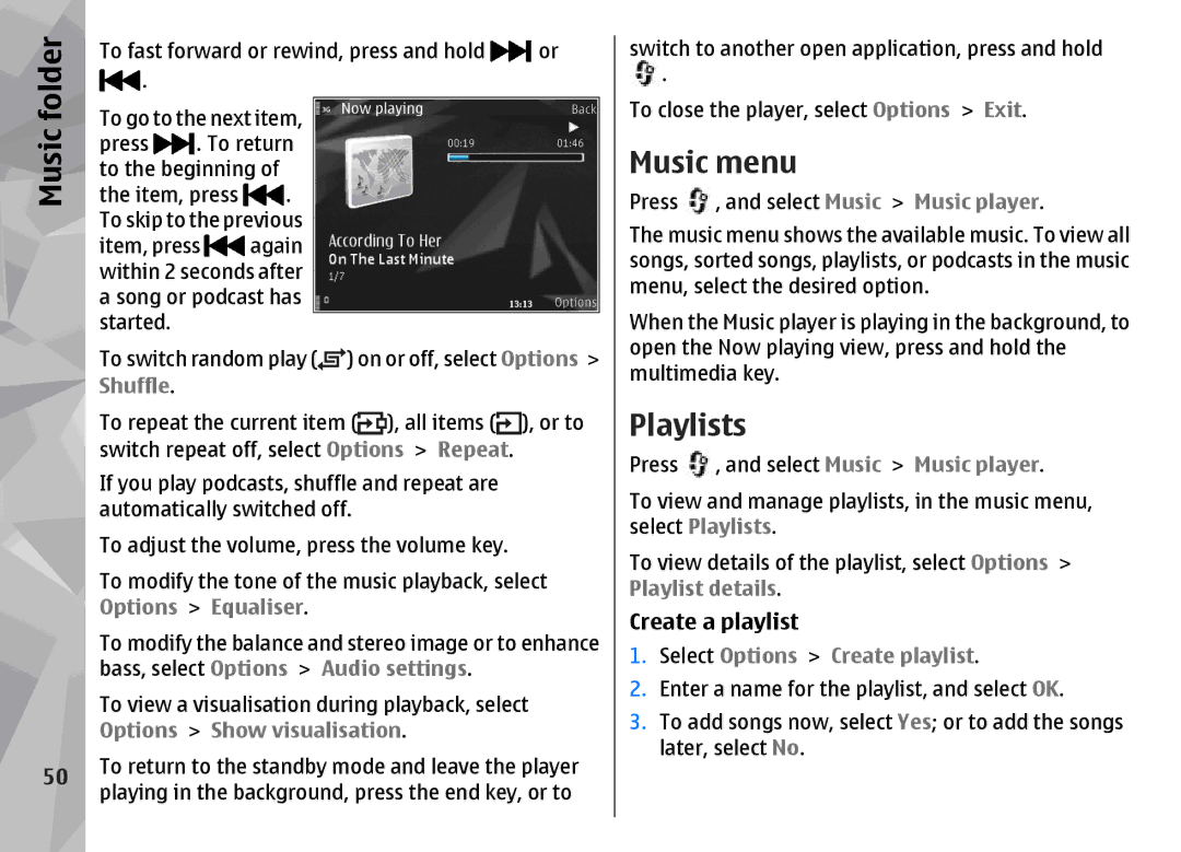 Nokia N96 manual Music menu, Playlists, Create a playlist, Select Options Create playlist 