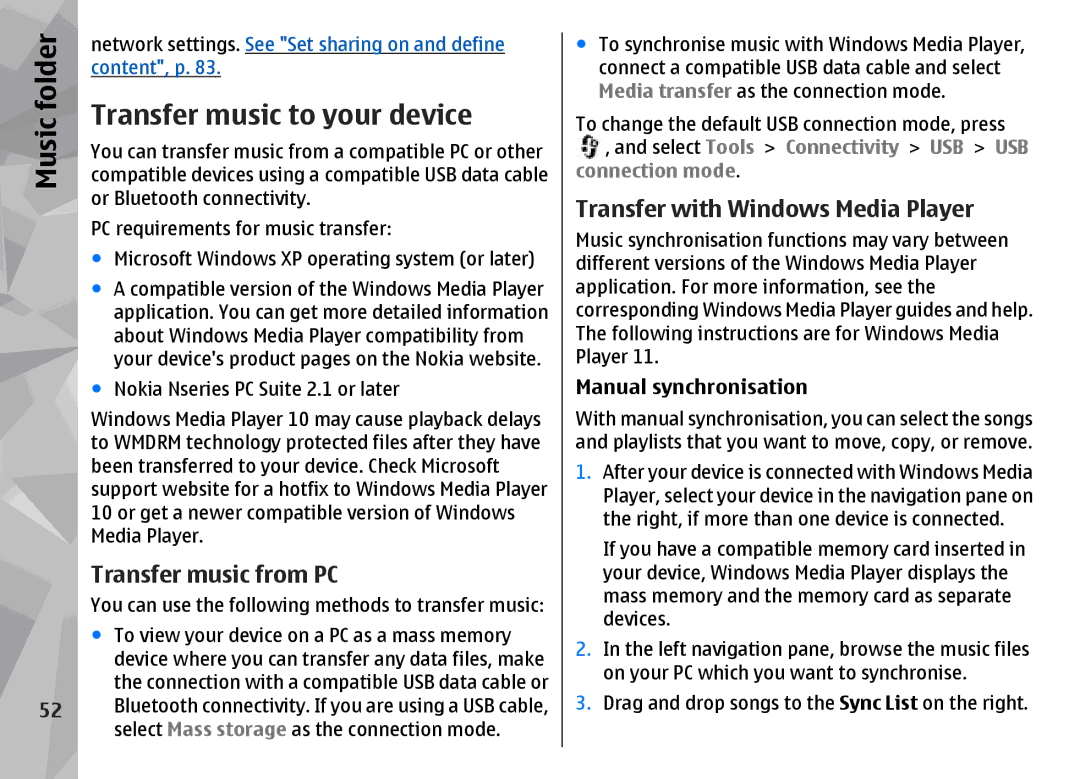 Nokia N96 manual Music, Transfer music to your device, Transfer music from PC, Transfer with Windows Media Player 