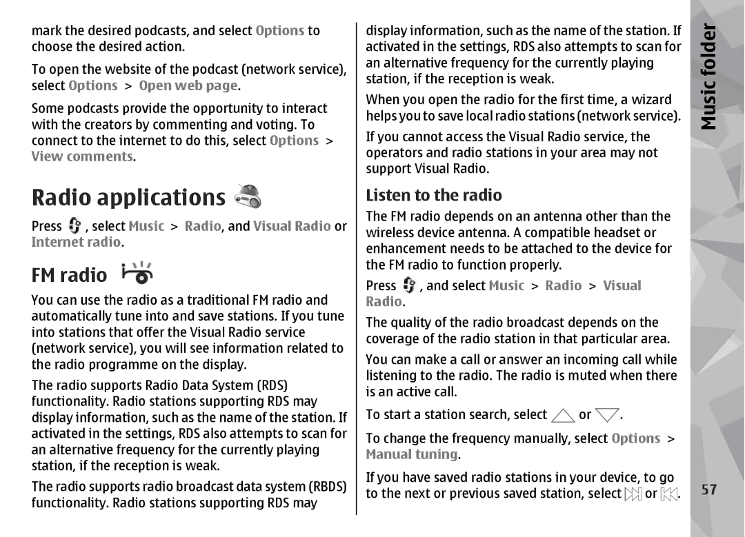 Nokia N96 manual Radio applications, FM radio, Listen to the radio 