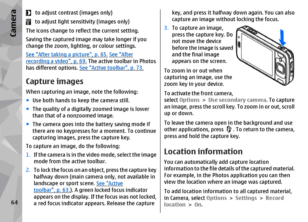 Nokia N96 manual Capture images, Location information 