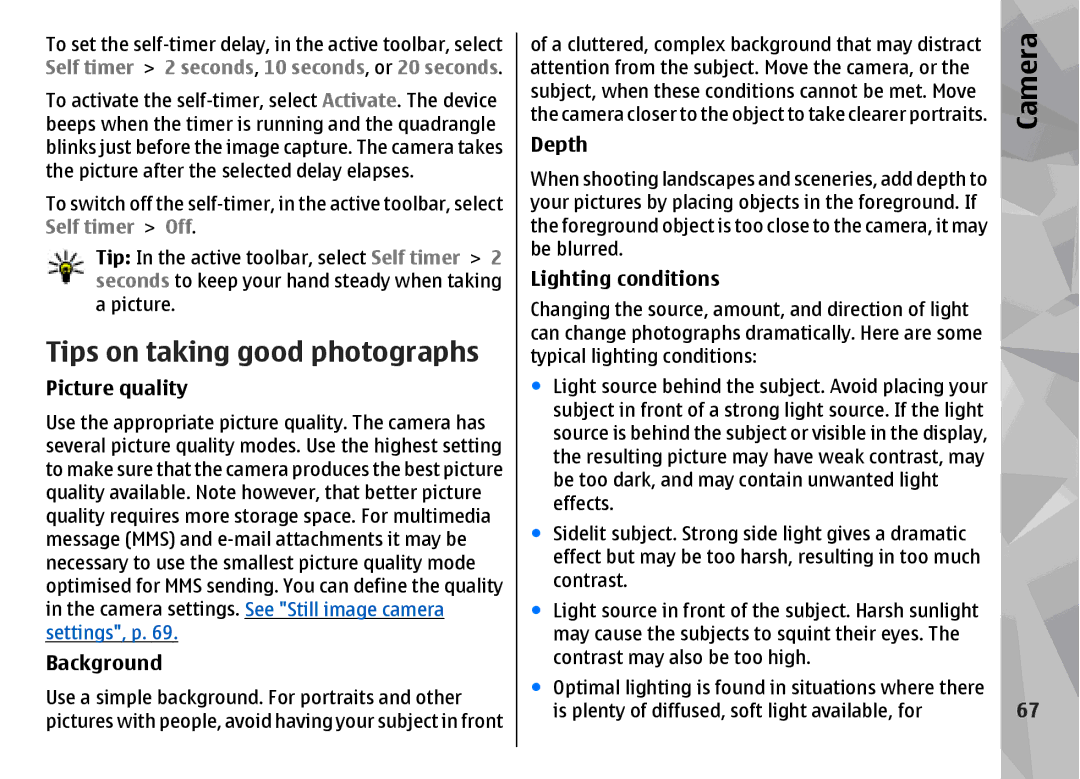 Nokia N96 manual Tips on taking good photographs, Picture quality, Background, Depth, Lighting conditions 