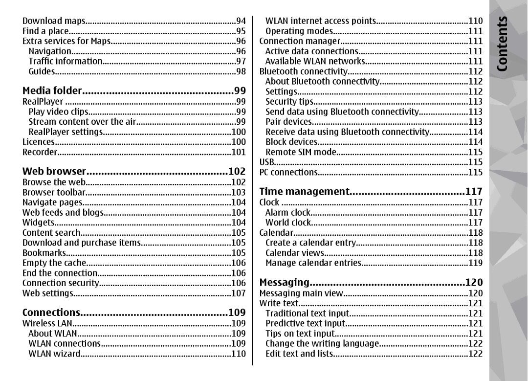 Nokia N96 manual Media folder, Web browser 102, Connections 109, Time management 117, Messaging 120 