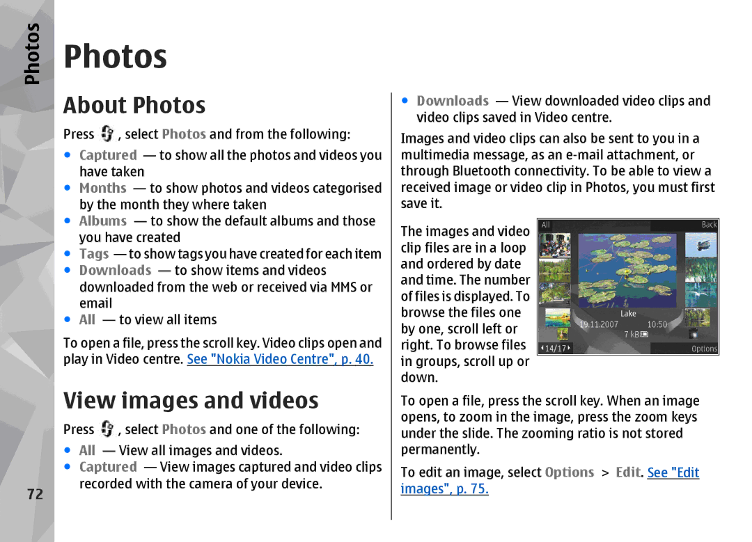 Nokia N96 manual About Photos, View images and videos 