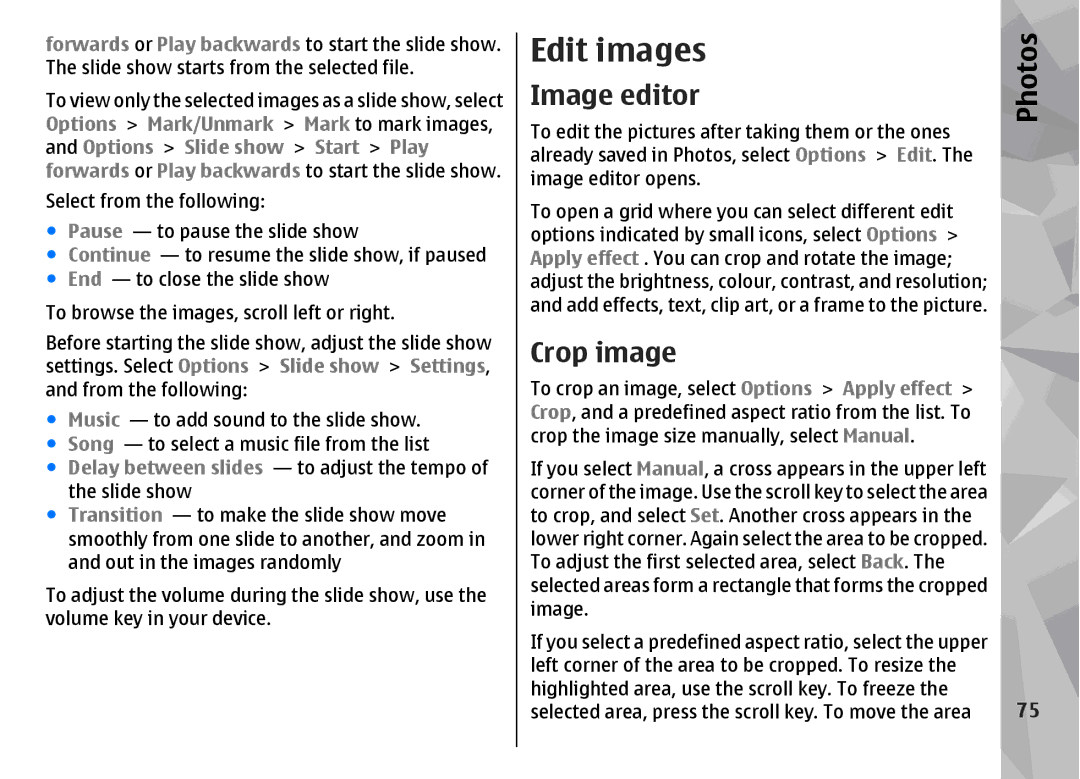 Nokia N96 manual Edit images, Image editor, Crop image 