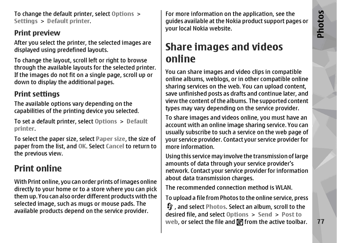 Nokia N96 manual Share images and videos online, Print online, Print preview, Print settings 