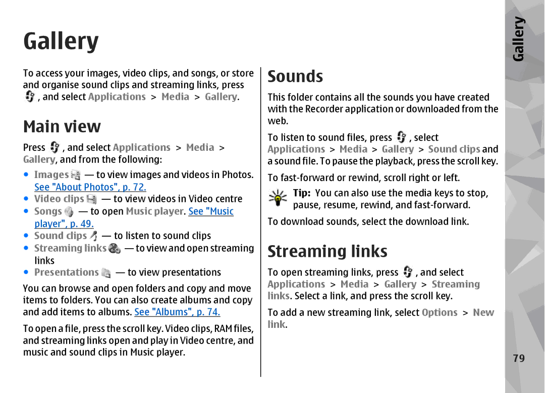 Nokia N96 manual Gallery, Main view, Sounds, Streaming links 