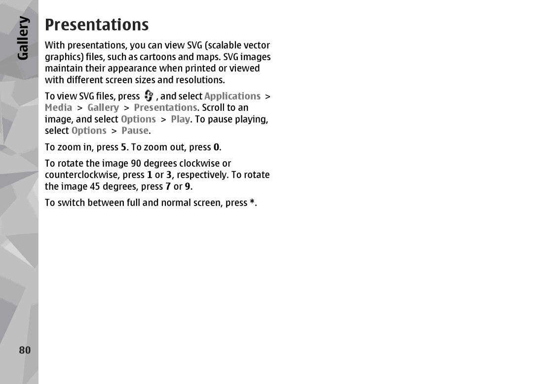 Nokia N96 manual Media Gallery Presentations. Scroll to an, Select Options Pause 