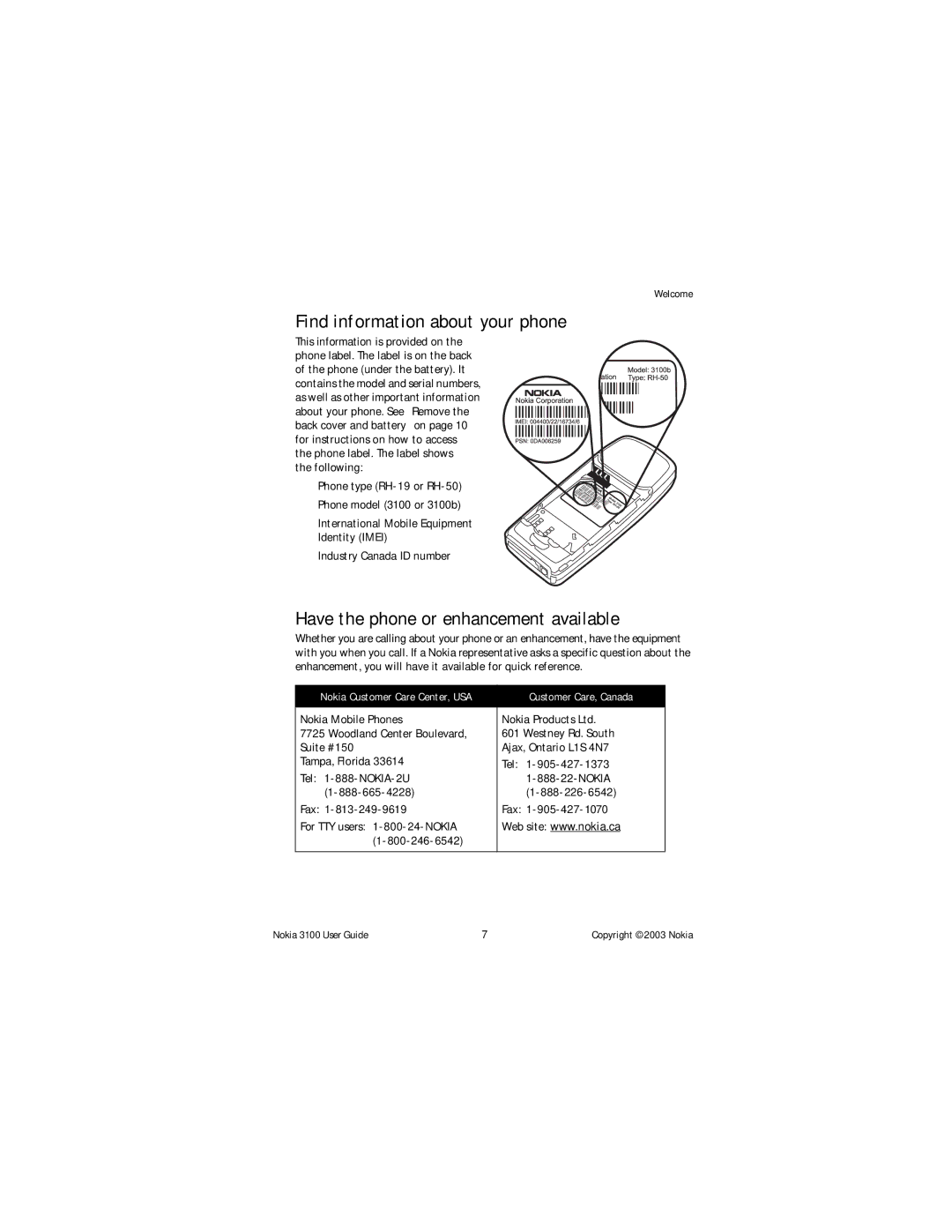 Nokia NOKIA 3100 manual Find information about your phone, Have the phone or enhancement available, NOKIA-2U Nokia 