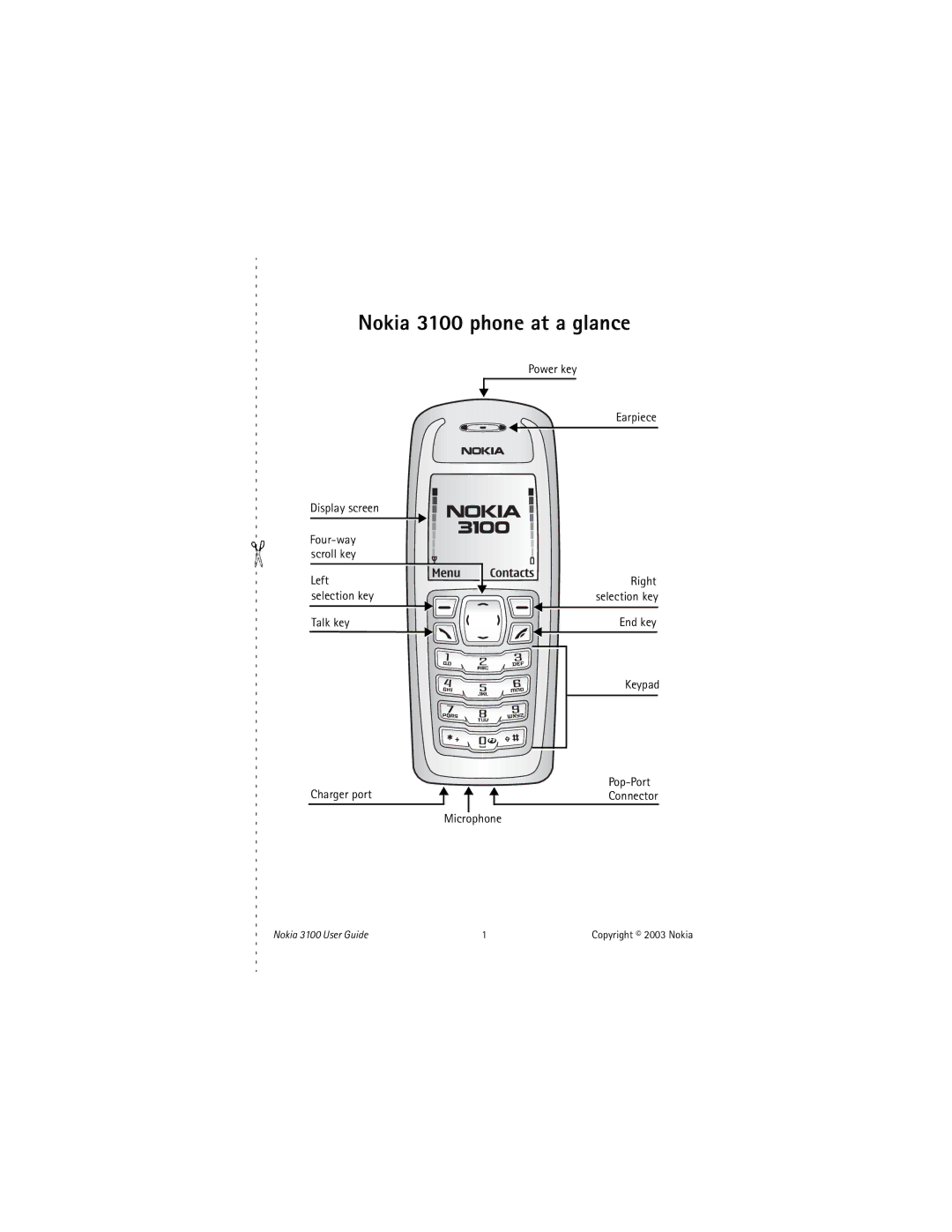 Nokia NOKIA 3100 Power key Earpiece, Left Right Selection key, Talk key End key Keypad Charger port Pop-Port, Microphone 