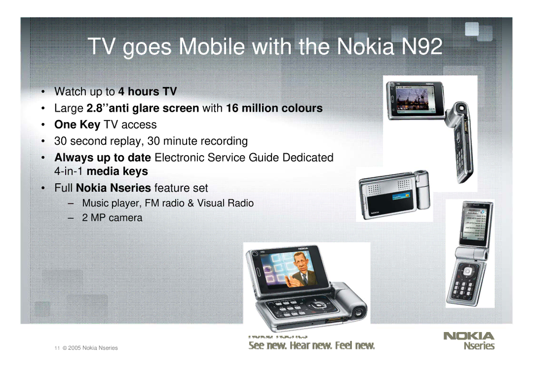 Nokia Nseries manual TV goes Mobile with the Nokia N92, Large 2.8’’anti glare screen with 16 million colours 