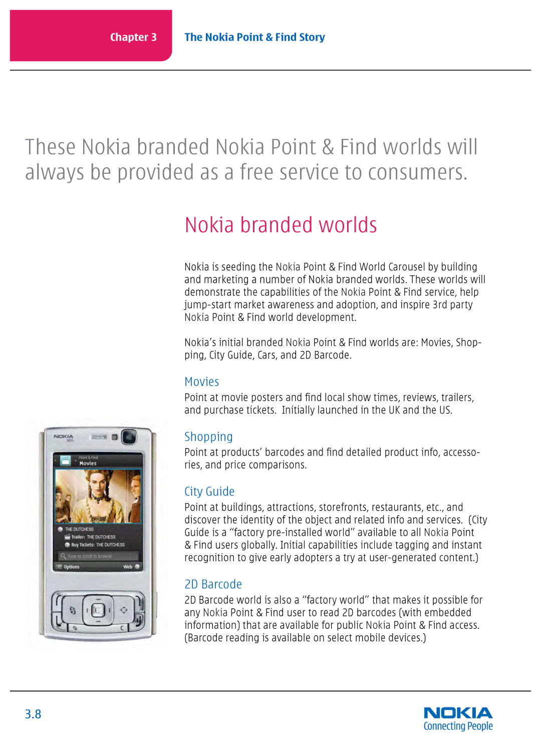 Nokia Nseries manual Nokia branded worlds, Movies, Shopping, City Guide, 2D Barcode 